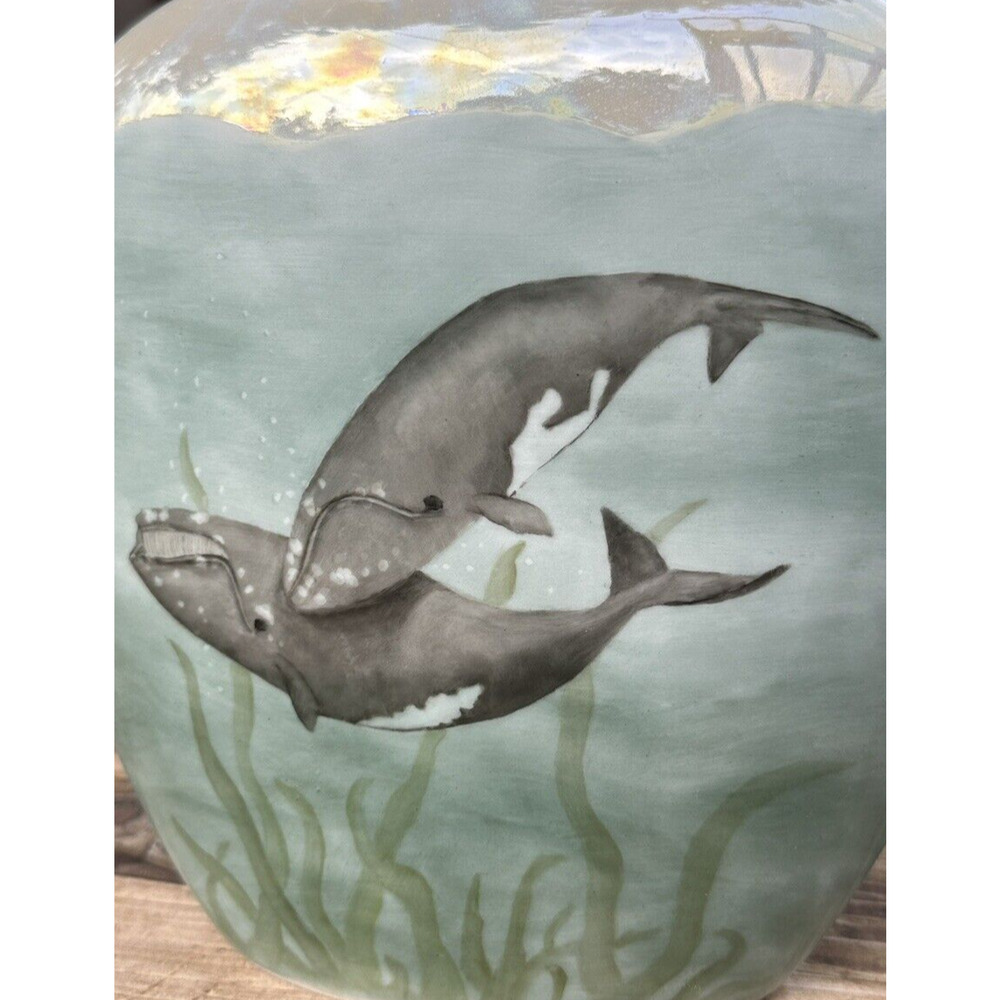 Vintage Handmade Painted Whale Ocean Porcelain Pillow Vase Decor Signed Inger - Picture 5 of 10